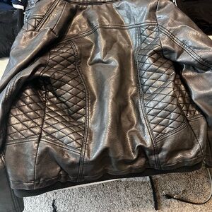 Meriam Knit Hood Faux Leather Jacket